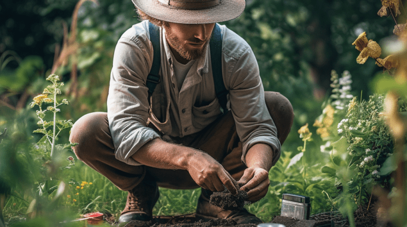 Man kneeling and soil sample testing